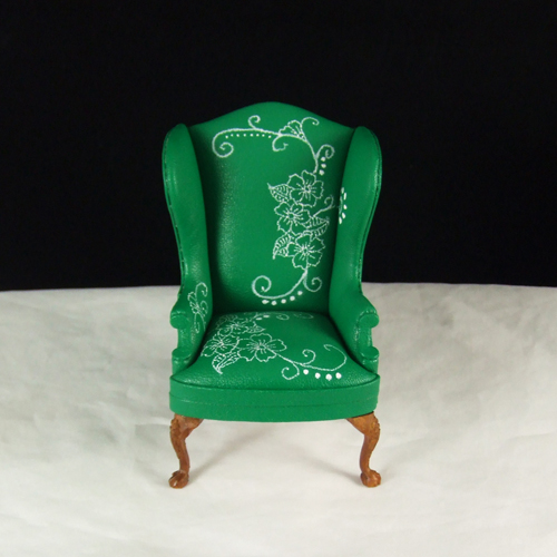OOAK Green Leather Wingback Chair with hand painted in 1" scale